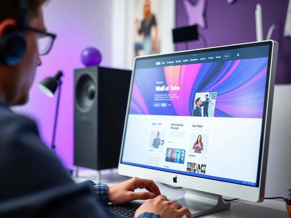A close-up shot of a computer screen displaying a vibrant website design in progress. The workspace is clean and modern, with a hint of purple in the decor. The designer is focused on the screen, emphasizing the creation process.