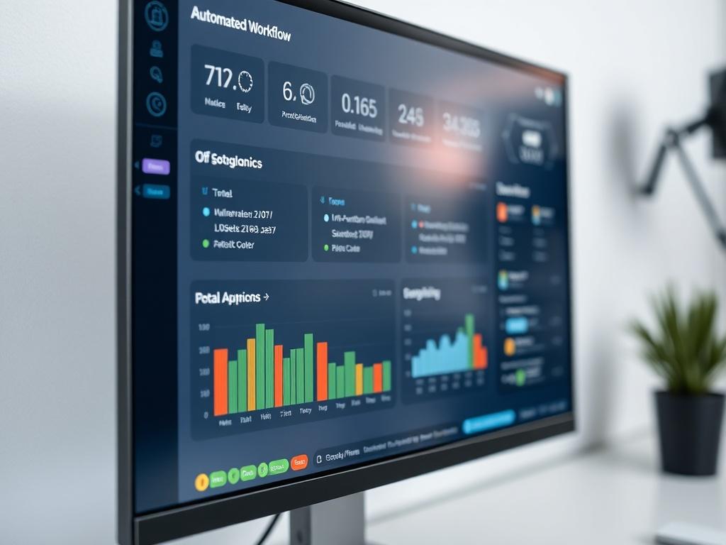 A close-up shot of a digital dashboard showcasing automated workflow processes on a computer screen. The background should be minimalistic, emphasizing the modern interface and ease of use. The image should reflect efficiency and innovation.