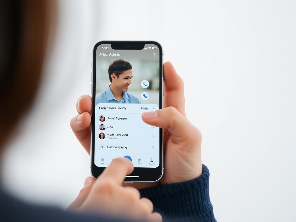 A close-up shot of an AI virtual assistant interface on a smartphone, displaying customer interactions. The background should be clean and simple, emphasizing the user-friendly design of the app. The image should evoke a sense of modernity and customer engagement.