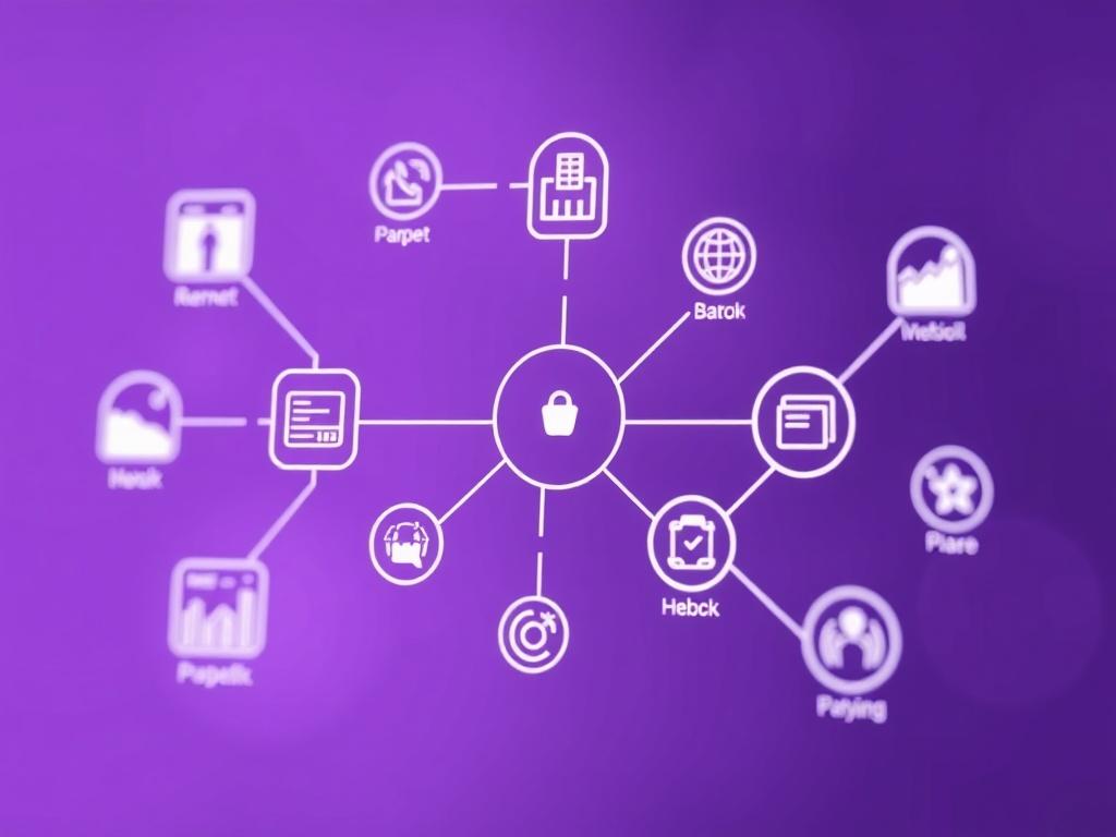 An illustration showing a digital workflow with various automated tasks represented as connected icons. The background features soft purple tones, symbolizing efficiency and harmony in business operations.