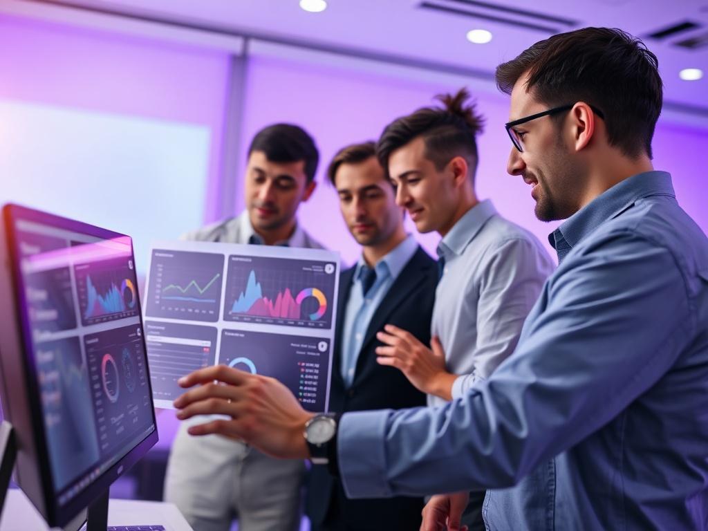 A team of professionals collaborating over a digital dashboard, analyzing performance metrics. The environment is modern, with a focus on teamwork, and a soothing purple background, reinforcing the theme of ongoing support.
