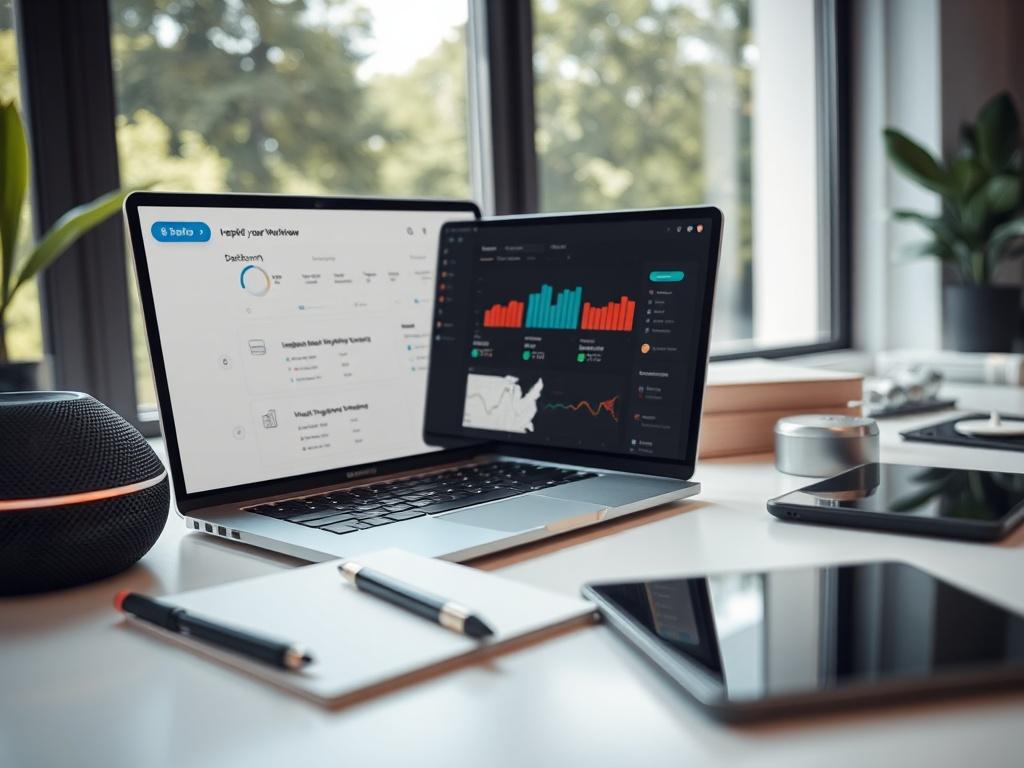 **Prompt for AI Image Generator:**

Create a realistic high-resolution photo that embodies the theme "Automate Your Workflow." The image should feature a single, focused subject: a modern workspace. In the foreground, display a sleek laptop open to a high-quality, visually appealing dashboard representing automated workflow processes (no visible text or logos). 

The laptop should be positioned slightly off-center to create a balanced composition. Surround the laptop with various elements that symbolize eff