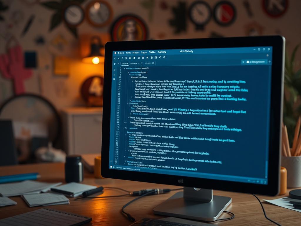 A close-up of a computer screen displaying an AI writing tool in action, generating content. The background shows a creative workspace with notes and ideas scattered around. The lighting is warm, creating an inspiring atmosphere for creativity and productivity.