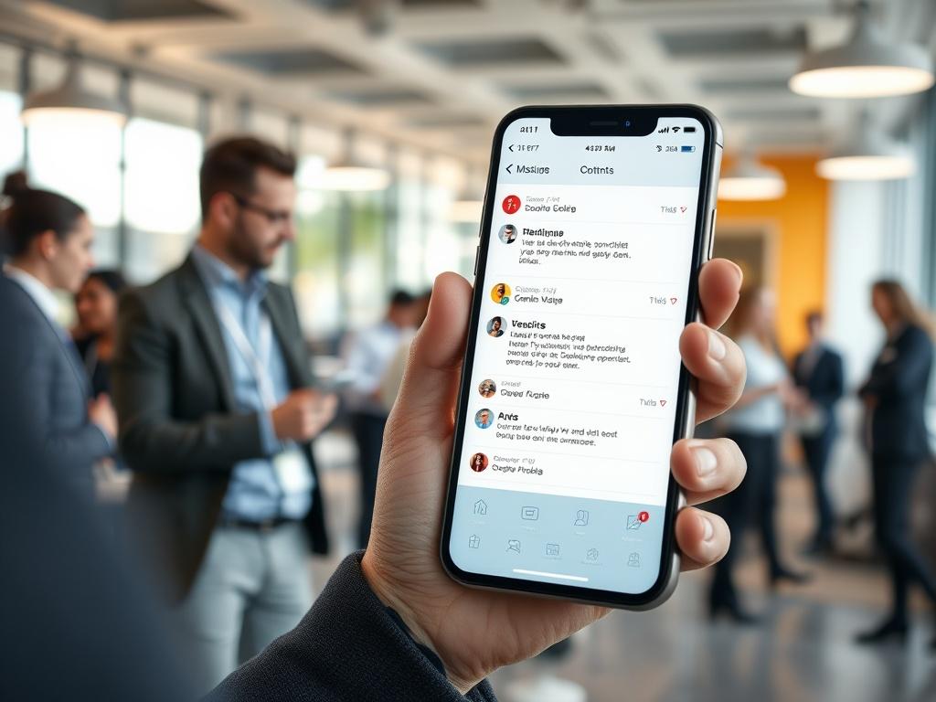 A close-up of a virtual assistant interface on a smartphone, displaying messages and booking confirmations. The background features a busy office environment, with staff engaging with clients. The scene is bright and dynamic, emphasizing the technology's role in enhancing customer interactions.