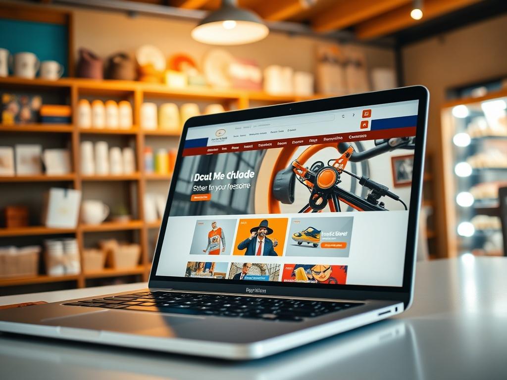 A sleek, modern website displayed on a laptop screen, with vibrant colors and engaging content. The background features a cozy retail environment, showcasing products on shelves. The lighting is bright and inviting, emphasizing the website's design. The laptop is positioned prominently, with a clean desk setup.