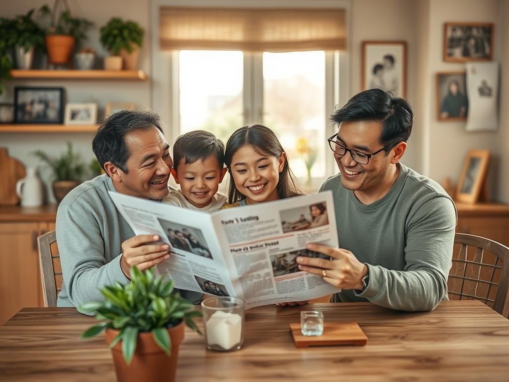 A realistic high resolution of a family reading a newsletter