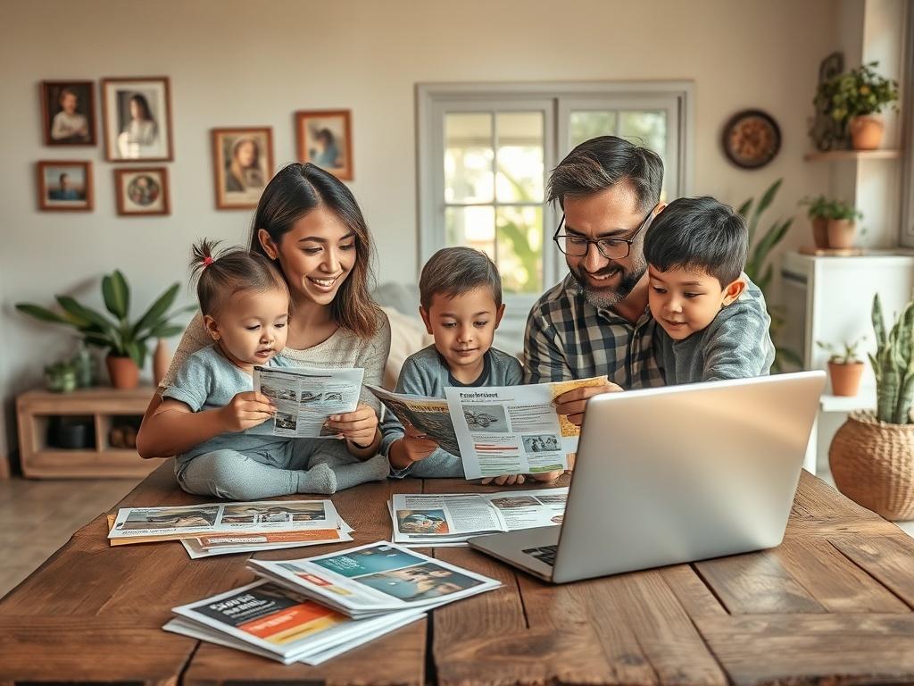Create a realistic high-resolution photo that captures the essence of a family navigating resources in San Joaquin. The composition should feature a single subject: a warm, inviting family gathering. Position a diverse family of four – a mother, father, and two children, one toddler and a school-aged child – seated around a rustic wooden table filled with colorful brochures, resource papers, and a laptop open to a community resource website. The expressions on their faces should convey curiosity and engagem
