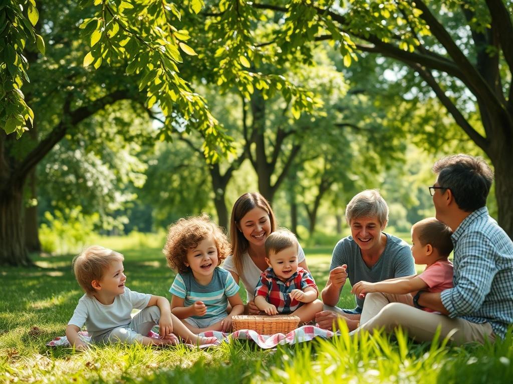 A close-up of a diverse family enjoying a picnic in a lush green park, surrounded by trees and natural beauty. The scene captures joy and togetherness, with children playing and parents interacting. The sunlight filters through the leaves, creating a warm and inviting atmosphere, emphasizing the theme of community and family support.