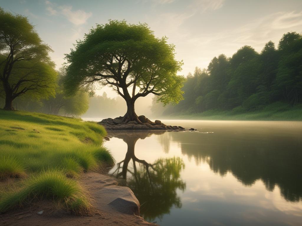 A serene and calming image featuring a peaceful landscape with soft green tones, emphasizing nature and tranquility. The composition should be simple and clear, with gentle lighting illuminating a single subject such as a large, majestic tree or a tranquil stream. The background should reflect a harmonious atmosphere, suggesting safety and trust.