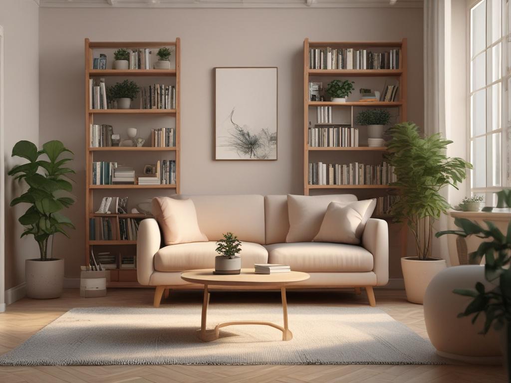 A serene living room with soft, warm lighting  A