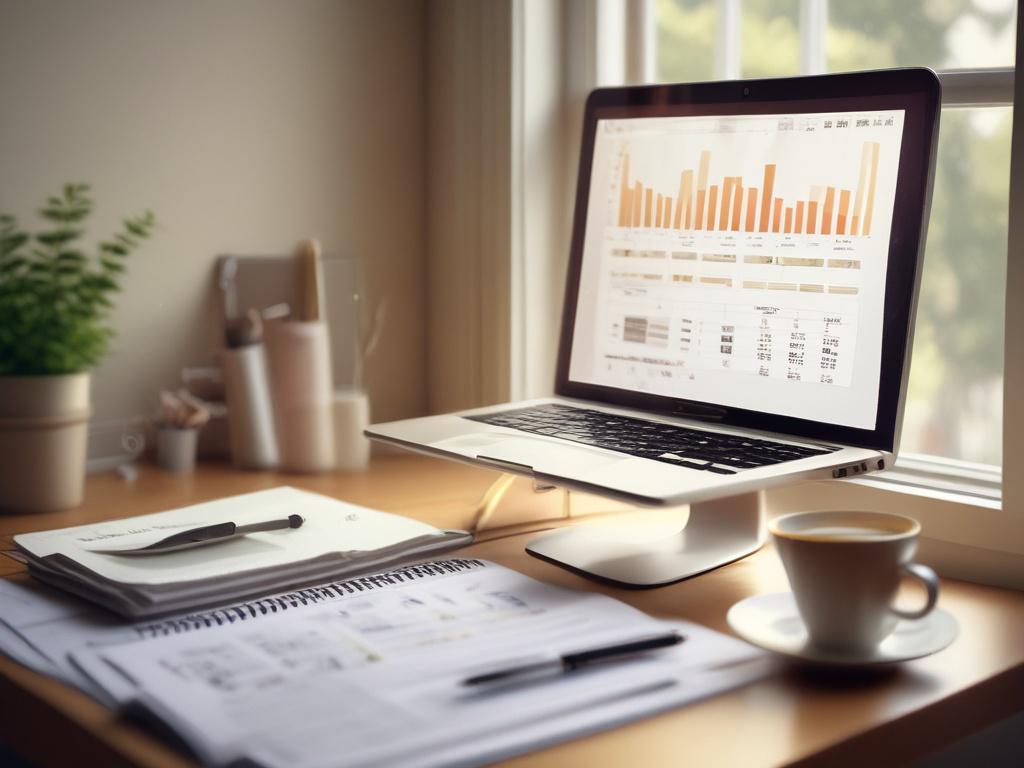 A neat workspace with a laptop open displaying a budgeting