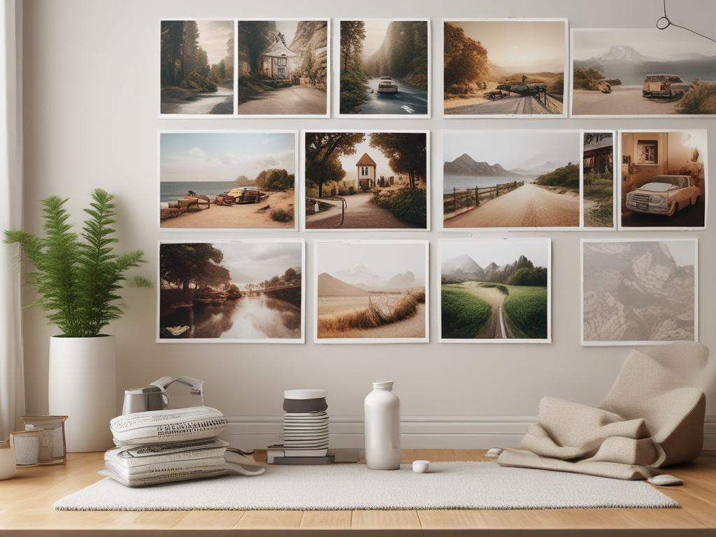 A vision board with images of travel destinations, a new