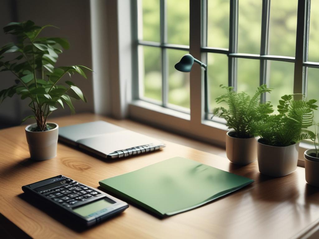 A serene workspace with a wooden desk, a notebook, and