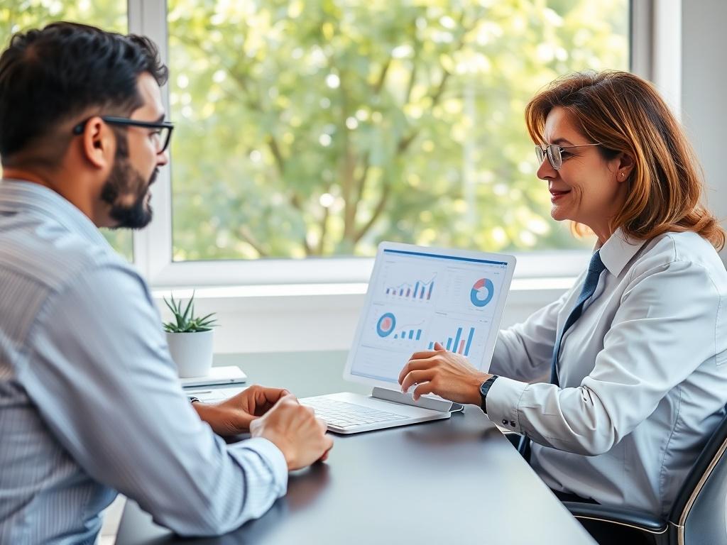 A professional business consultant sitting at a desk, discussing financial options with a small business owner. The office is bright, with soft lighting and a calm atmosphere. The consultant has a laptop open, showcasing graphs and figures. The background includes a window with a view of green trees, emphasizing growth and opportunity.