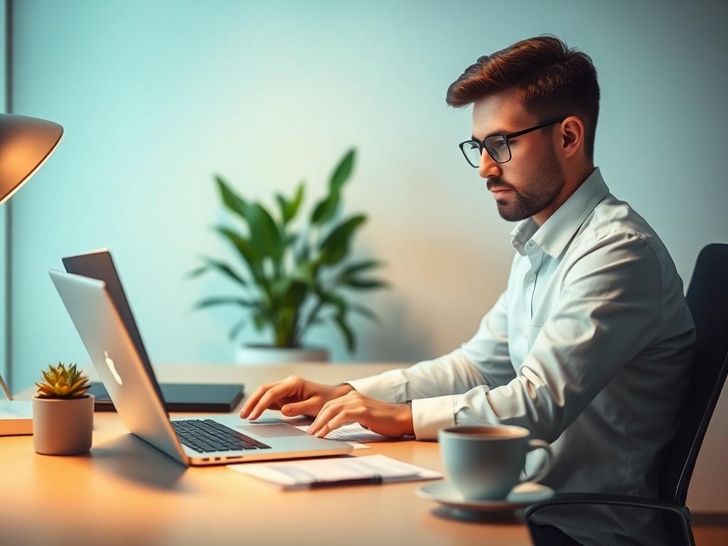 A serene office environment featuring a focused small business owner