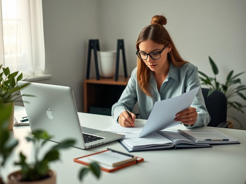 A calm workspace with a focus on a professional bookkeeper