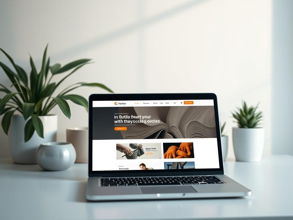 A serene and inviting workspace featuring a laptop displaying a beautifully designed website on the screen. The background is softly lit, with plants and calming decor creating a peaceful atmosphere. The overall composition should be simple and clean, focusing on the laptop as the main subject, while evoking a sense of professionalism and creativity.