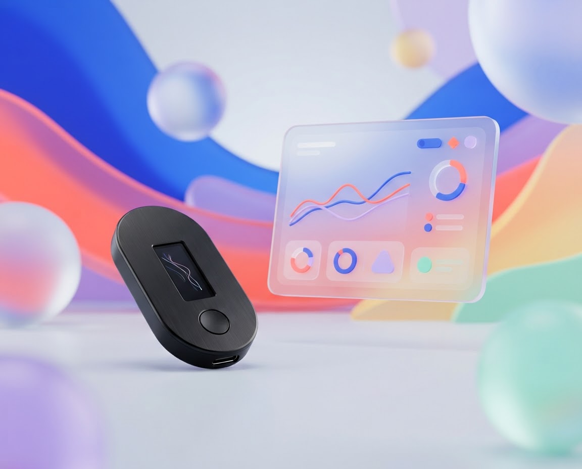 Illustration of a hardware wallet beside a colorful crypto portfolio dashboard