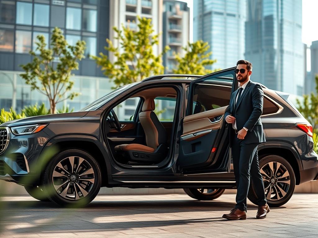A sleek, modern SUV parked in a well-lit urban setting, showcasing its luxurious interior. The focus is on the open door, inviting the viewer to step inside. A professional driver stands beside the vehicle, wearing smart attire, ready to assist a client. The background features a vibrant city skyline, with greenery subtly integrated, reflecting a clean and green aesthetic. The overall mood is welcoming and sophisticated.