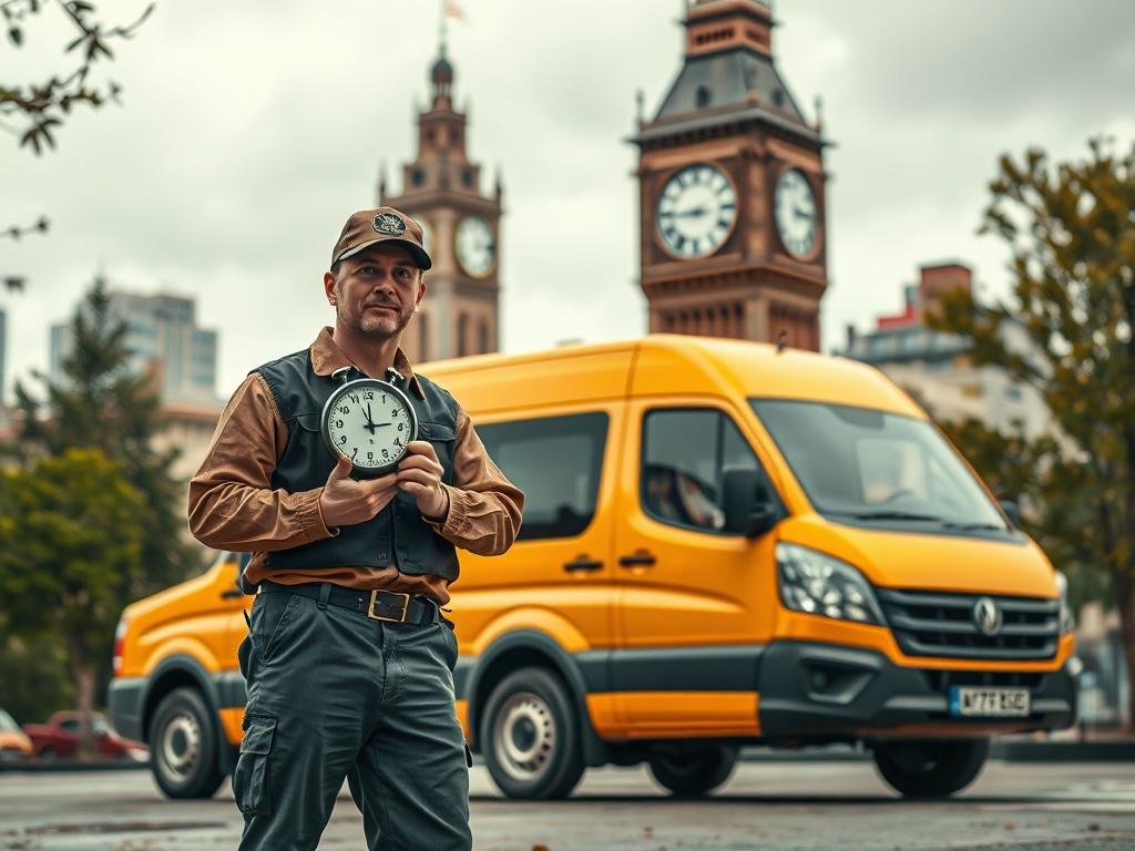 A delivery driver in a uniform holding a stopwatch, standing