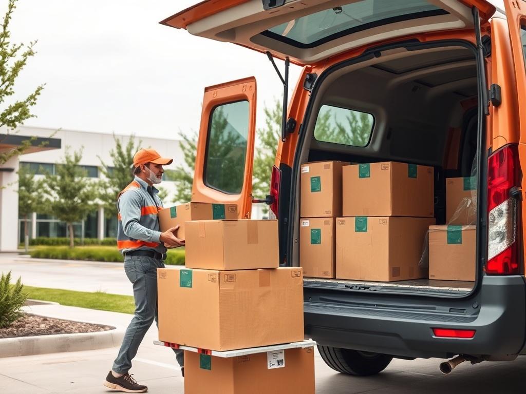 A professional courier loading boxes into a delivery vehicle at