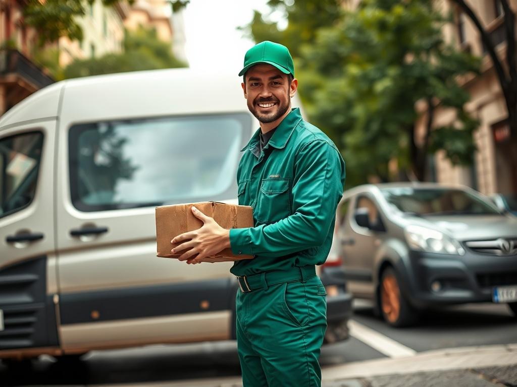 A delivery person in a green uniform holding a package,