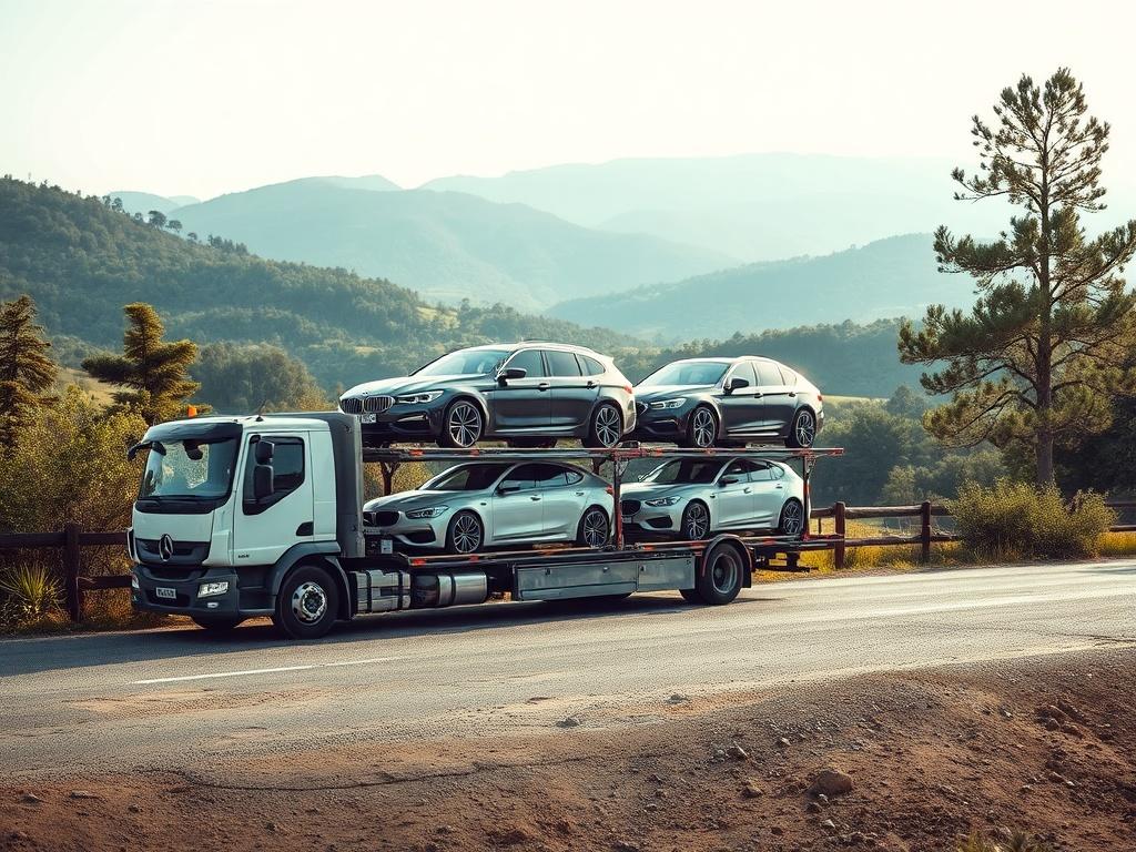 A realistic high-resolution photo showing a specialized 3-car transporter truck parked in a scenic area, with three cars loaded securely on the transporter. The background features a natural landscape with greenery and soft sunlight, creating a clean and green aesthetic. The focus should be on the truck and the cars, showcasing the reliability and efficiency of the delivery service.