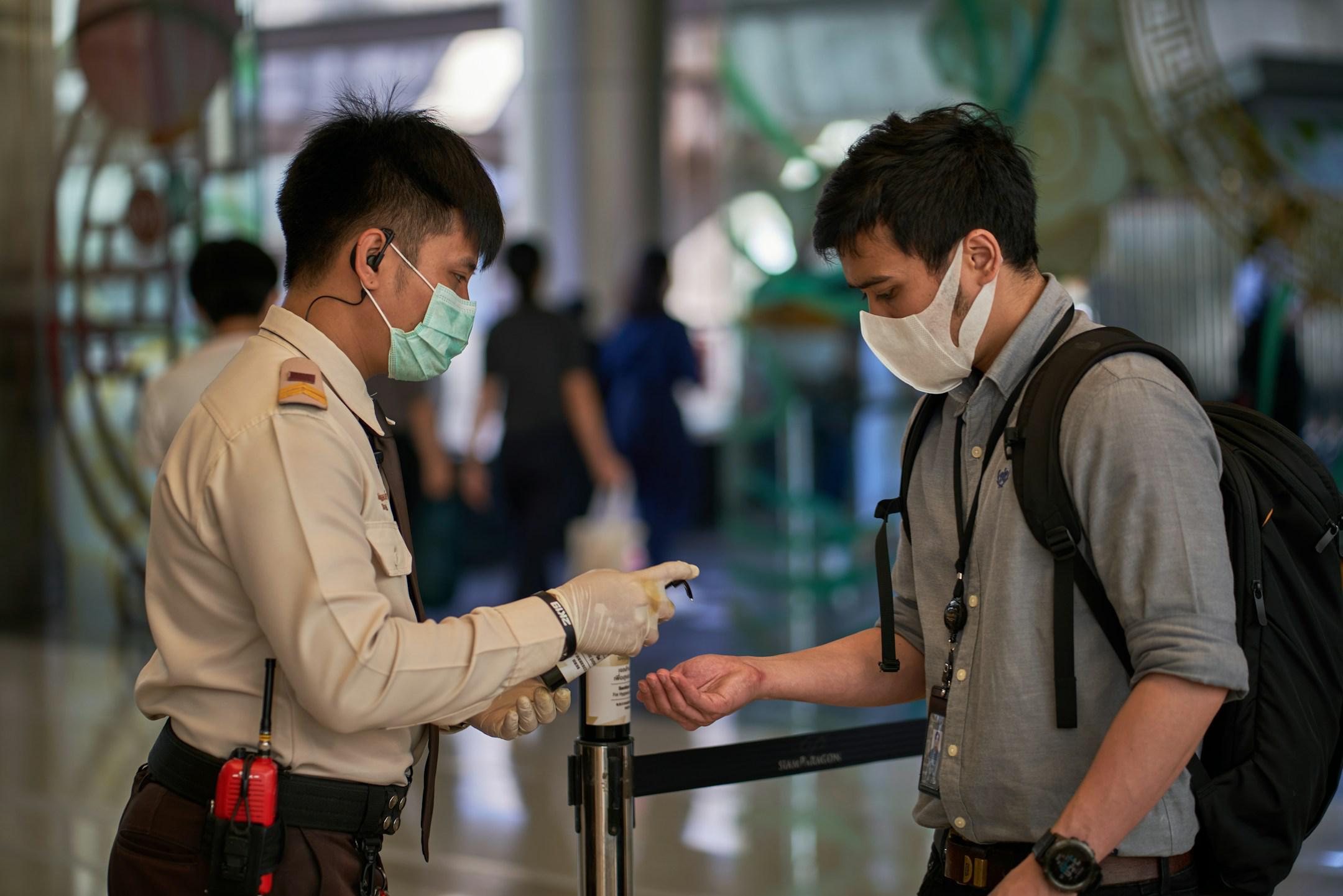 Covid_19. Disinfection procedure: Focus on men and hand sanitizer
