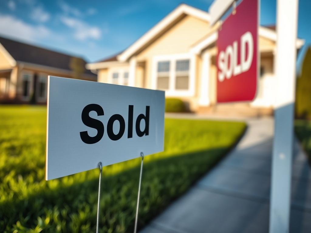 A close up shot of a 'Sold' sign in front