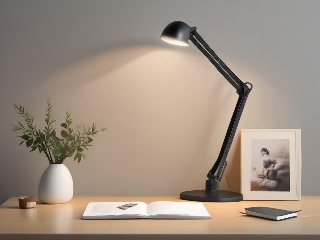 smart LED desk lamp, adjustable brightness, modern workspace decor