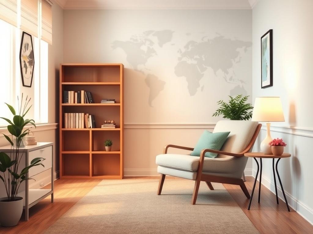 A serene and welcoming counseling office, featuring a comfortable chair and soft lighting. The background should have calming colors, with a subtle depiction of a globe or map, symbolizing global connections. The atmosphere should evoke feelings of safety and warmth, inviting individuals seeking immigration support.