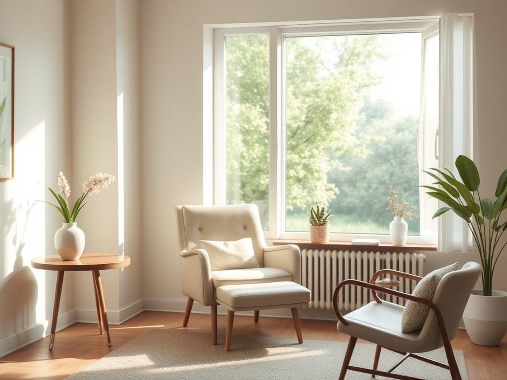 A serene counseling room with a comfortable chair, soft lighting,