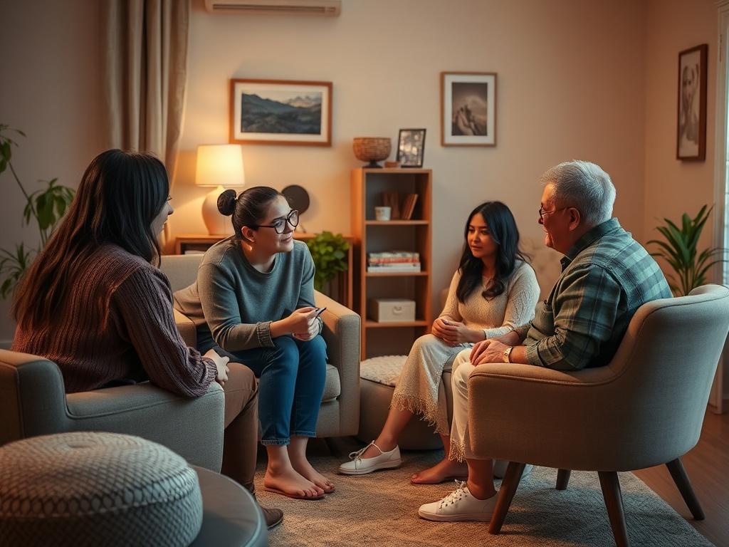 A family sitting together in a cozy therapy room, engaged