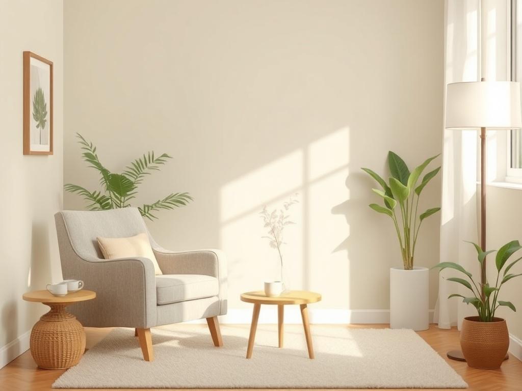 A serene counseling setting with a comfortable armchair, soft lighting,