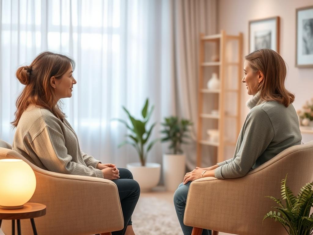 A serene and inviting consultation room with soft lighting, comfortable