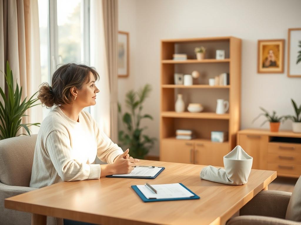 A warm, inviting office space with soft colors and natural