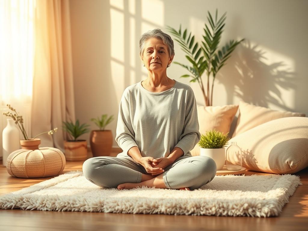 Create a realistic high-resolution image that embodies the essence of holistic healing for a blog titled "The Power of Holistic Healing." 

**Composition**: The composition should be simple and clear, featuring a single subject. Center the subject in the frame, allowing for ample negative space to create a sense of tranquility.

**Subject Matter**: The main subject should be a serene, middle-aged woman sitting cross-legged on a soft, plush mat in a peaceful indoor environment, representing a moment of mindf