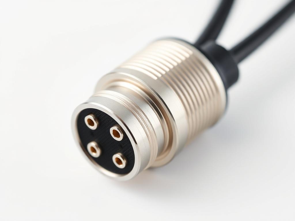 A close up shot of a 6 pin magnetic connector