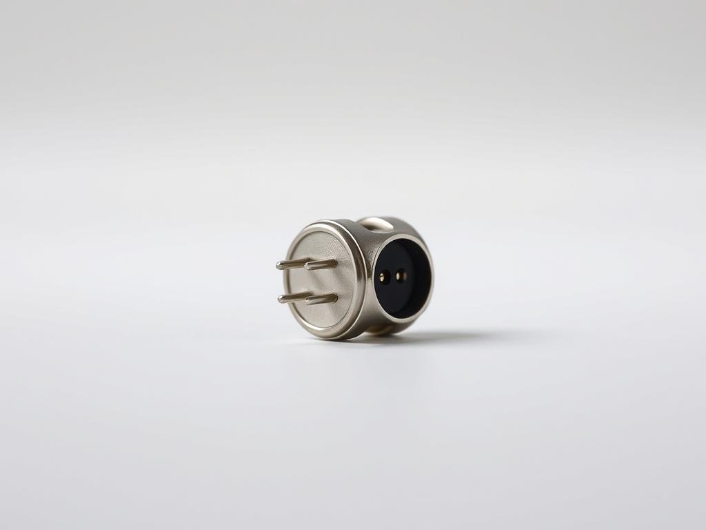 Create a realistic high-resolution photo showcasing a singular 6pin magnetic connector as the focal subject. The connector should be placed prominently in the center of the image, displaying its sleek design and intricate details, such as the pins and the magnetic features. Employ a close-up shot style, capturing the connector with a 45mm f/1.2 lens to ensure a shallow depth of field, causing the background to softly blur while maintaining sharp focus on the connector.

The background should be minimalistic