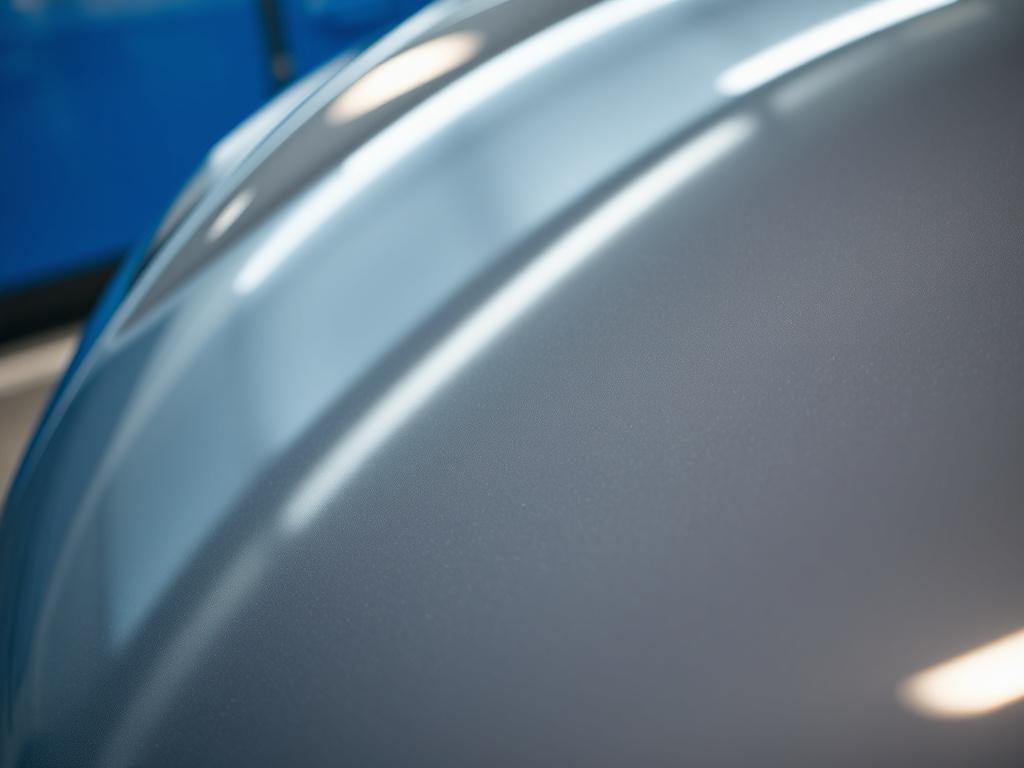 A hyper-realistic close-up shot of a car hood undergoing paint polishing, captured with a 45mm f/1.2 lens style. The focus is on the smooth, glossy paint surface reflecting light, with a clean blue gradient background in rgb(21, 196, 244). The composition highlights the precision and care involved in paint resurfacing.