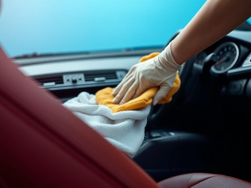 A hyper-realistic close-up photo of a car's interior dashboard and leather seat being carefully cleaned, shot with a 45mm f/1.2 lens style. The focus is sharp on the textures of the leather and dashboard controls, with a soft blue gradient background incorporating rgb(21, 196, 244). The composition emphasizes cleanliness and attention to detail.