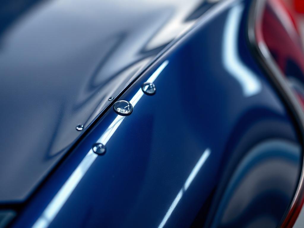 A close-up shot of a car's exterior with a glossy finish, showcasing the reflective surface of a Year Ceramic Coating. The focus is on the paint's shine, capturing water beads rolling off due to the hydrophobic properties. The background is blurred to emphasize the car's detailing, with vibrant colors that reflect the RGB value of (21, 196, 244). The composition is clean, highlighting the smooth contours of the car.