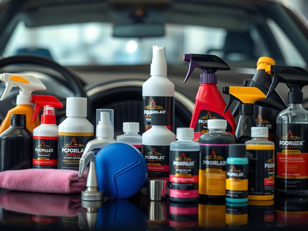An attractive display of various car detailing products arranged neatly, showcasing the quality and variety available. The composition emphasizes a clean and professional aesthetic, with vibrant colors that evoke a sense of luxury. Captured in high resolution using a 45mm f/1.2 lens.