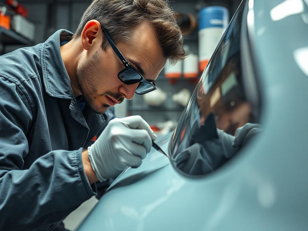 A close-up shot of a technician meticulously applying paint to a car, highlighting the precision of the resurfacing process. The background features tools and equipment organized neatly, emphasizing professionalism and care. Shot with a 45mm f/1.2 lens to capture the details.