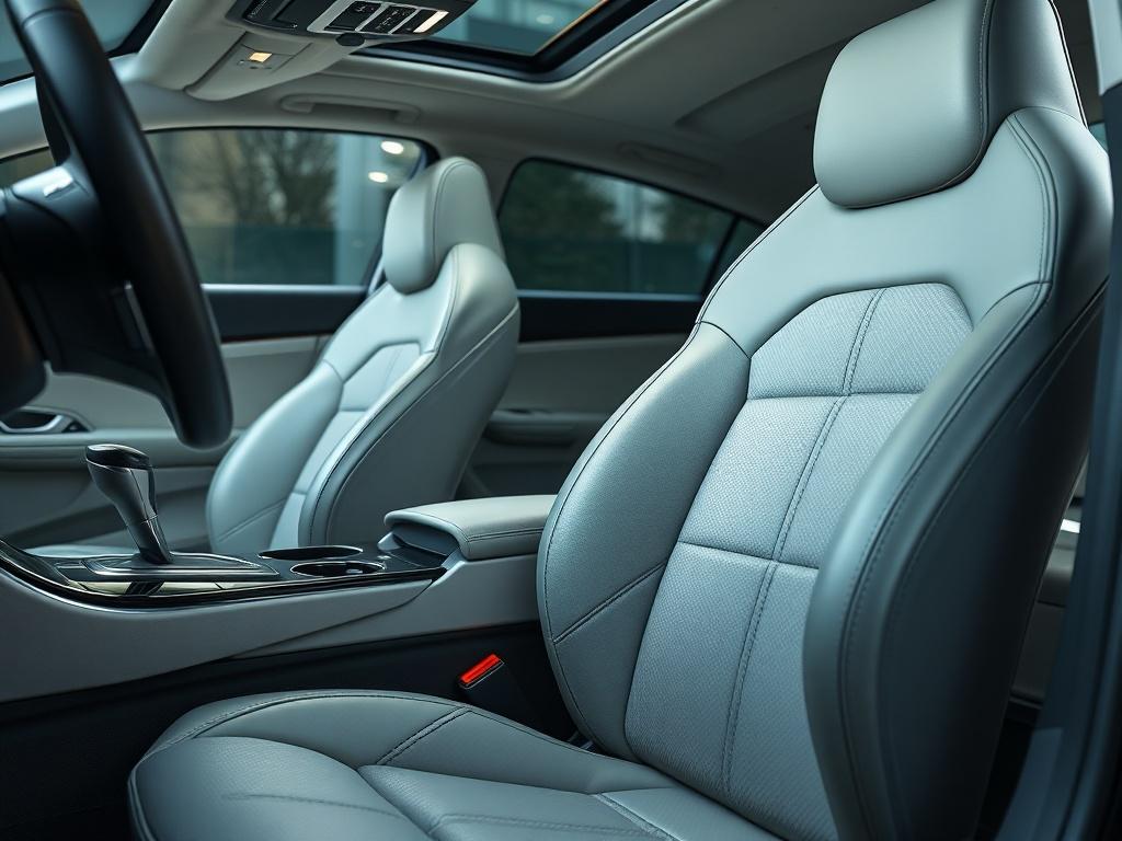 A detailed close-up of a clean car interior, highlighting spotless upholstery and shiny dashboard surfaces. The image should focus on the pristine condition of the seats and console, with soft lighting that emphasizes cleanliness and freshness.
