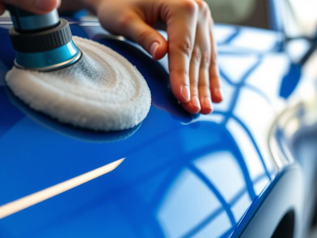 A hyper-realistic image of a car being polished, showcasing the smooth surface and vibrant color. The background should be softly blurred to keep the focus on the car's paintwork, capturing the details of the polishing process with bright lighting that highlights the shine.