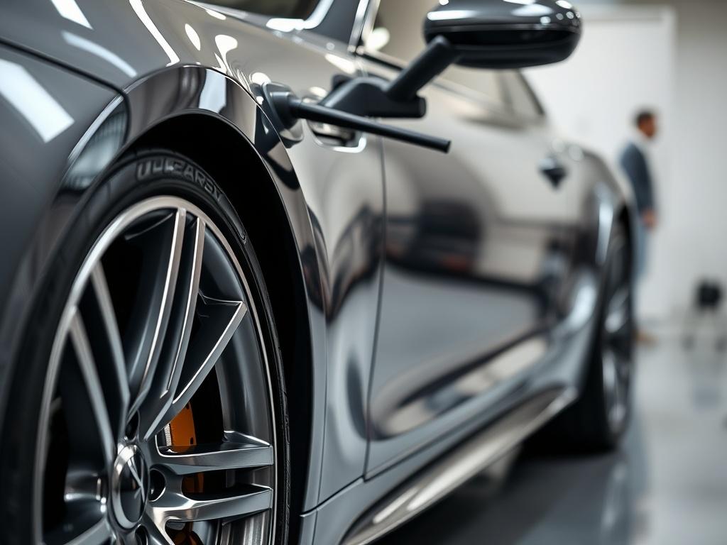 A close-up shot of a luxury car being detailed, with a focus on gleaming paintwork and shiny wheels. The background should be blurred to emphasize the car's pristine condition. The lighting should be bright to highlight the reflections on the car surface, capturing the meticulous detailing process in a realistic manner.