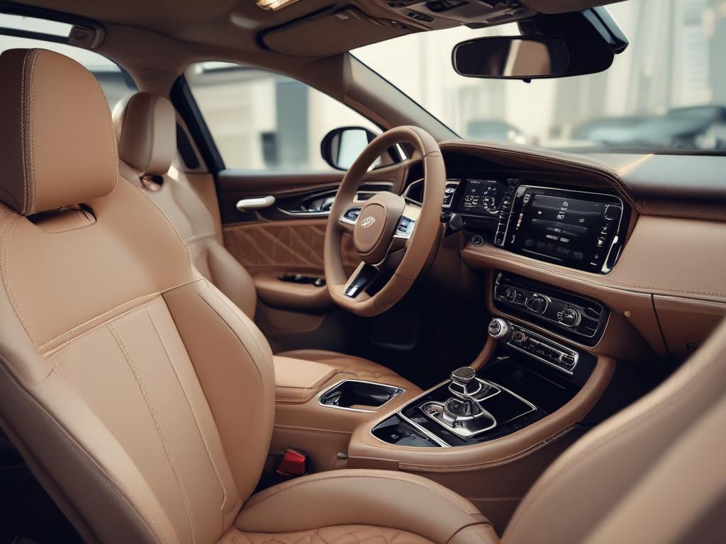 A hyper-realistic close-up shot of a luxury car's interior showcasing pristine leather seats, polished dashboard, and spotless carpet. The photo is taken with a 45mm f/1.2 lens style, emphasizing fine details like the texture of the leather and the gleam of the dashboard surfaces. The background is softly blurred to keep focus on the clean interior. The lighting highlights the immaculate condition and cleanliness, with a subtle reflection that complements the rgb(21, 196, 244) primary color.