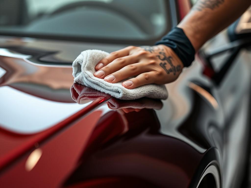 A hyper-realistic close-up shot of a luxury car being meticulously cleaned by a professional detailer. The focus is on the detailer's hand gently wiping the car's glossy surface with a soft microfiber cloth, captured with a 45mm f/1.2 lens style to emphasize depth and clarity. The car's paint reflects a vibrant rgb(21, 196, 244) hue, highlighting the immaculate finish. The background is softly blurred, maintaining attention on the cleaning process and the car's sleek contours.