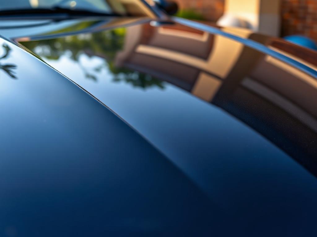 A hyper-realistic close-up shot of a freshly polished car hood, showcasing a deep, reflective gloss. The image should capture the intricate details of the paint surface, highlighting the shine and clarity. The background should be softly blurred to emphasize the glossy finish of the car, with natural light enhancing the reflection. The color palette should harmonize with the rgb(21, 196, 244) primary color.